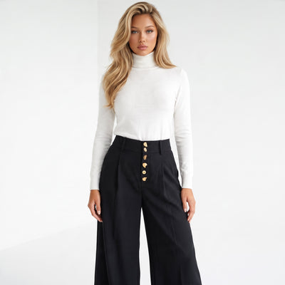 Black high-waist wide-leg trousers with gold decorative buttons