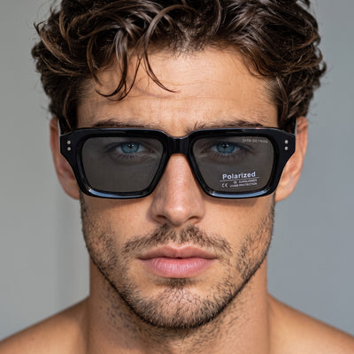 Close-up black square polarized sunglasses on male model