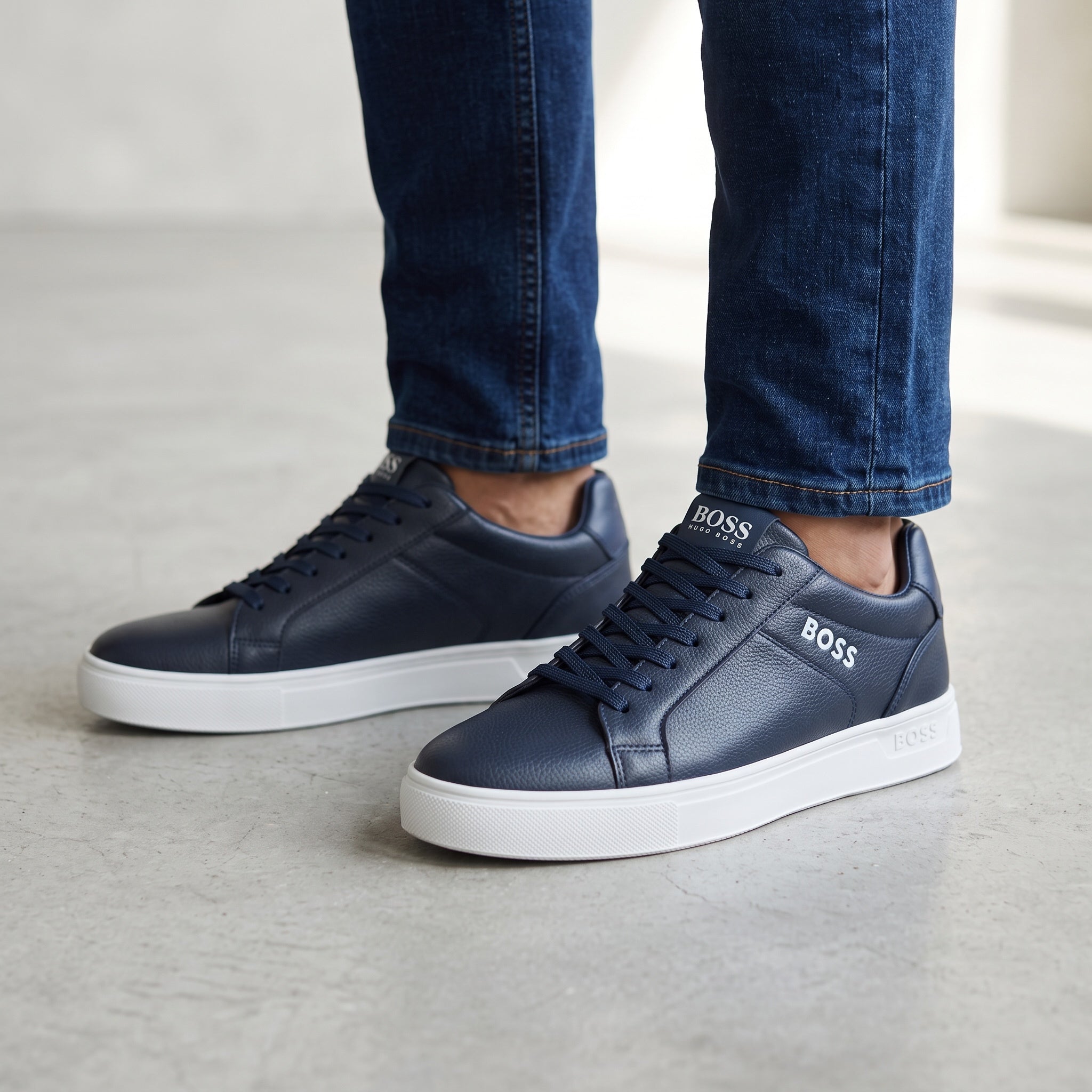navy BOSS low-top leather sneakers with white platform sole