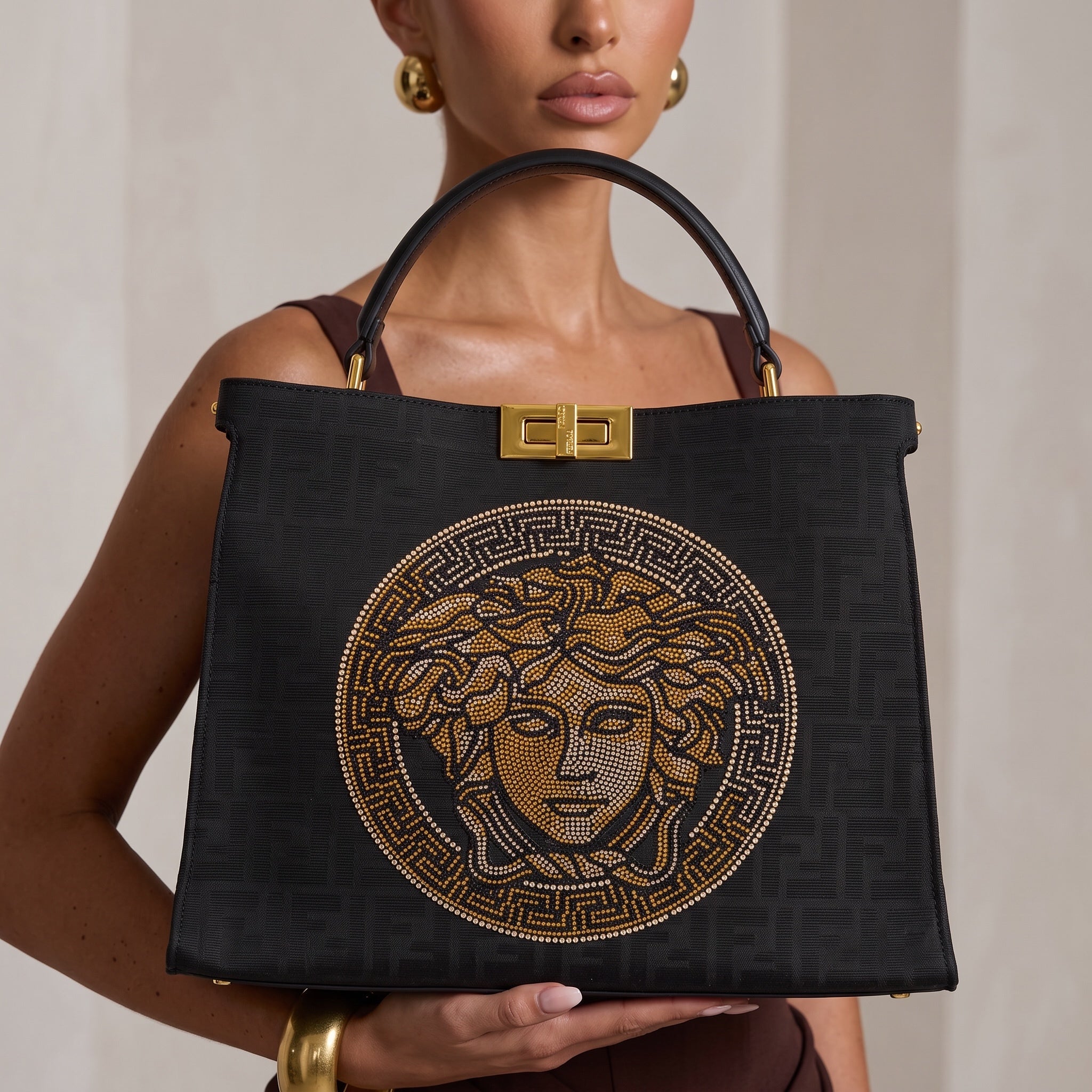 Fendace Tote – Black Medusa Crystal 👜 FENDI X VERSACE - MASTERPIECE