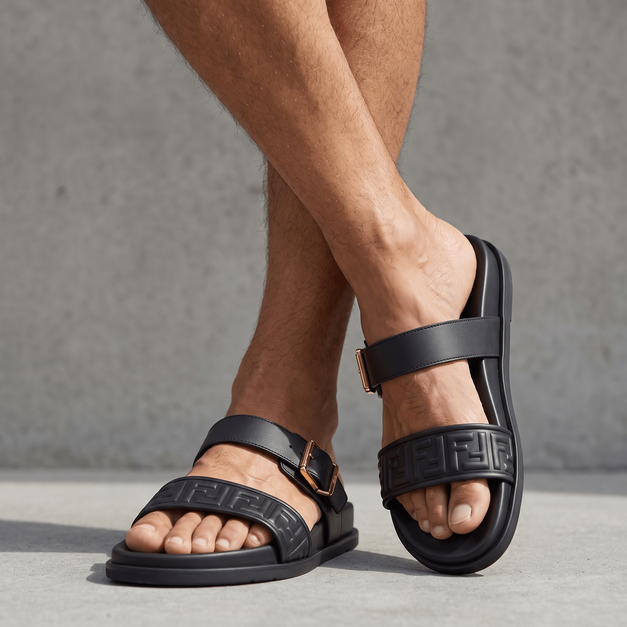 Fendi FF Embossed Double Strap Luxury Slides – Black - MASTERPIECE