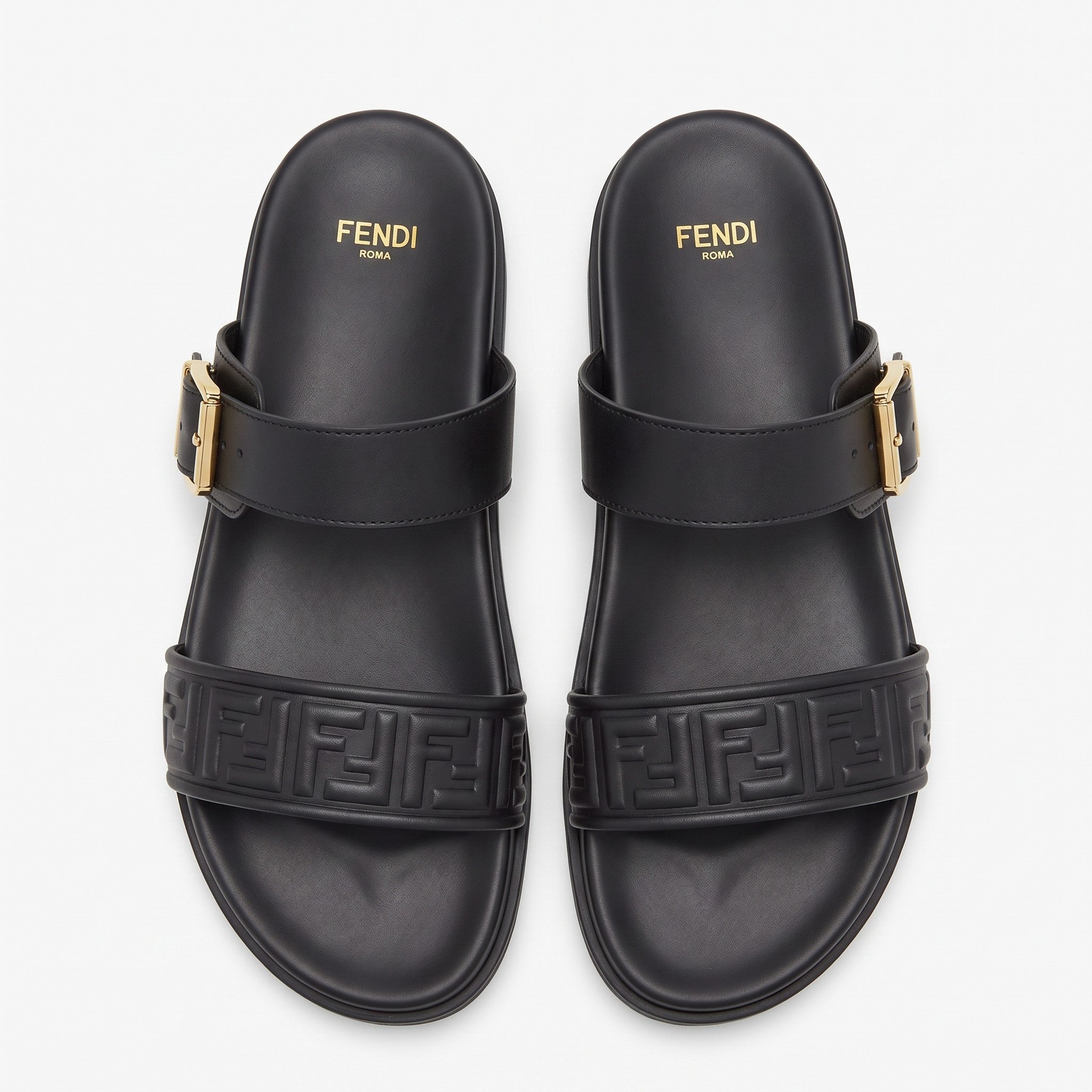 Fendi FF Embossed Double Strap Luxury Slides – Black - MASTERPIECE