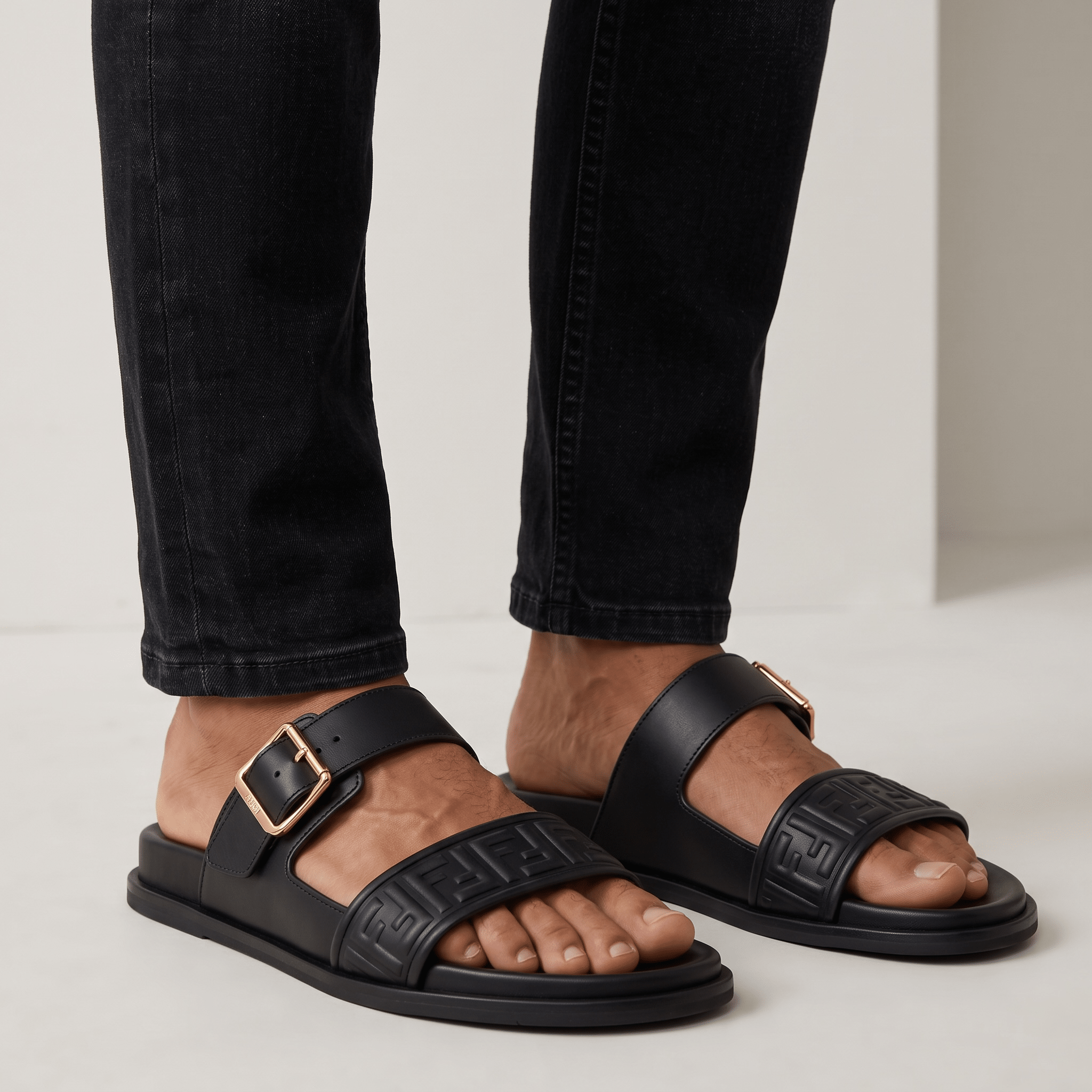 Fendi FF Embossed Double Strap Luxury Slides – Black - MASTERPIECE