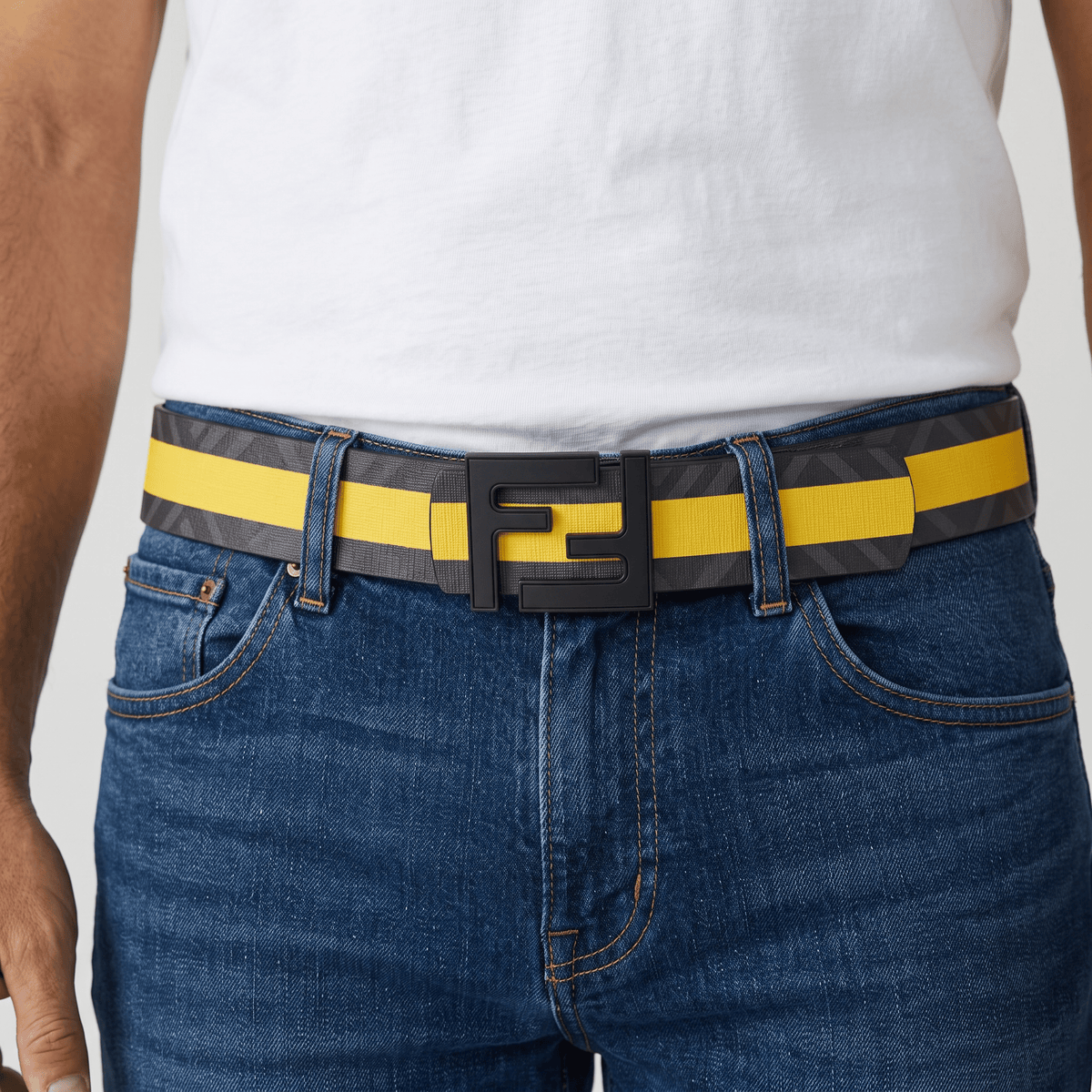 🖤💛 Fendi FF Logo Belt – Yellow Stripe Statement Design | 110 cm - MASTERPIECE