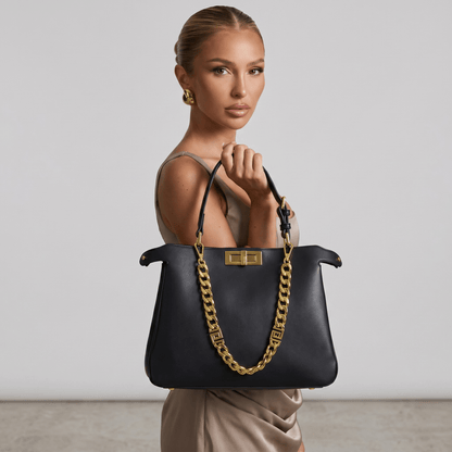 🖤 Fendi Peekaboo Black Leather Bag | Luxury Gold Chain Shoulder Handbag ✨ - MASTERPIECE