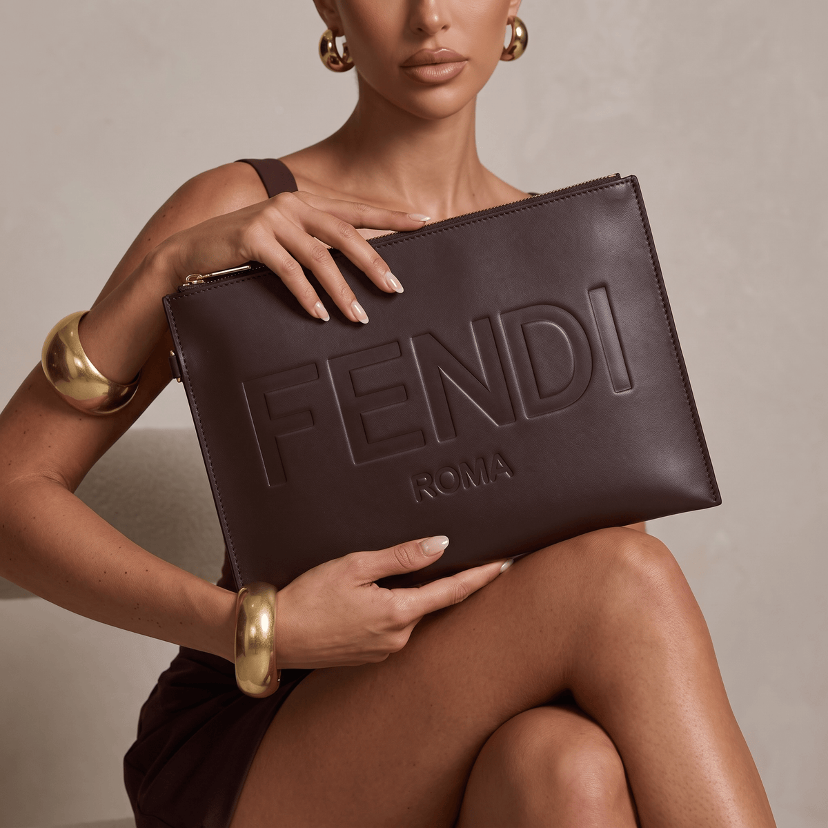 ✨ Fendi Roma Large Leather Pouch – Dark Brown - MASTERPIECE