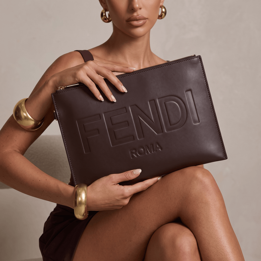 Fendi Roma Large Leather Pouch – Dark Brown