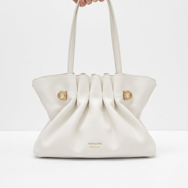 Ferragamo Pleated Tote – White Sculpted Handbag 🤍👜
