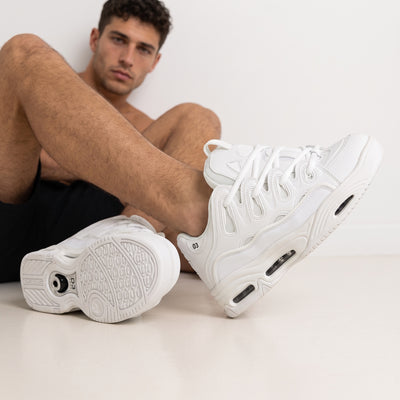 All‑white Osiris D3 chunky sneakers with layered upper and visible sole windows