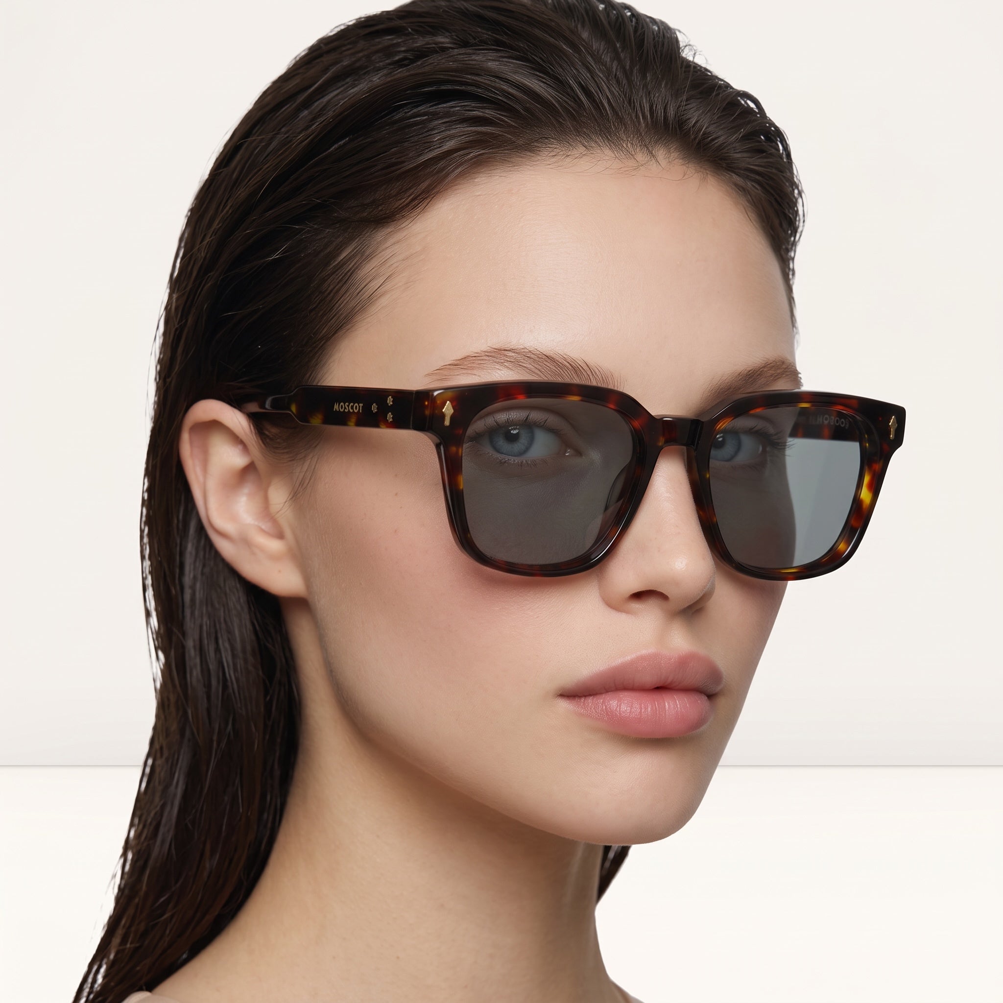 Moscot tortoise sunglasses with dark lenses and gold logo on temple