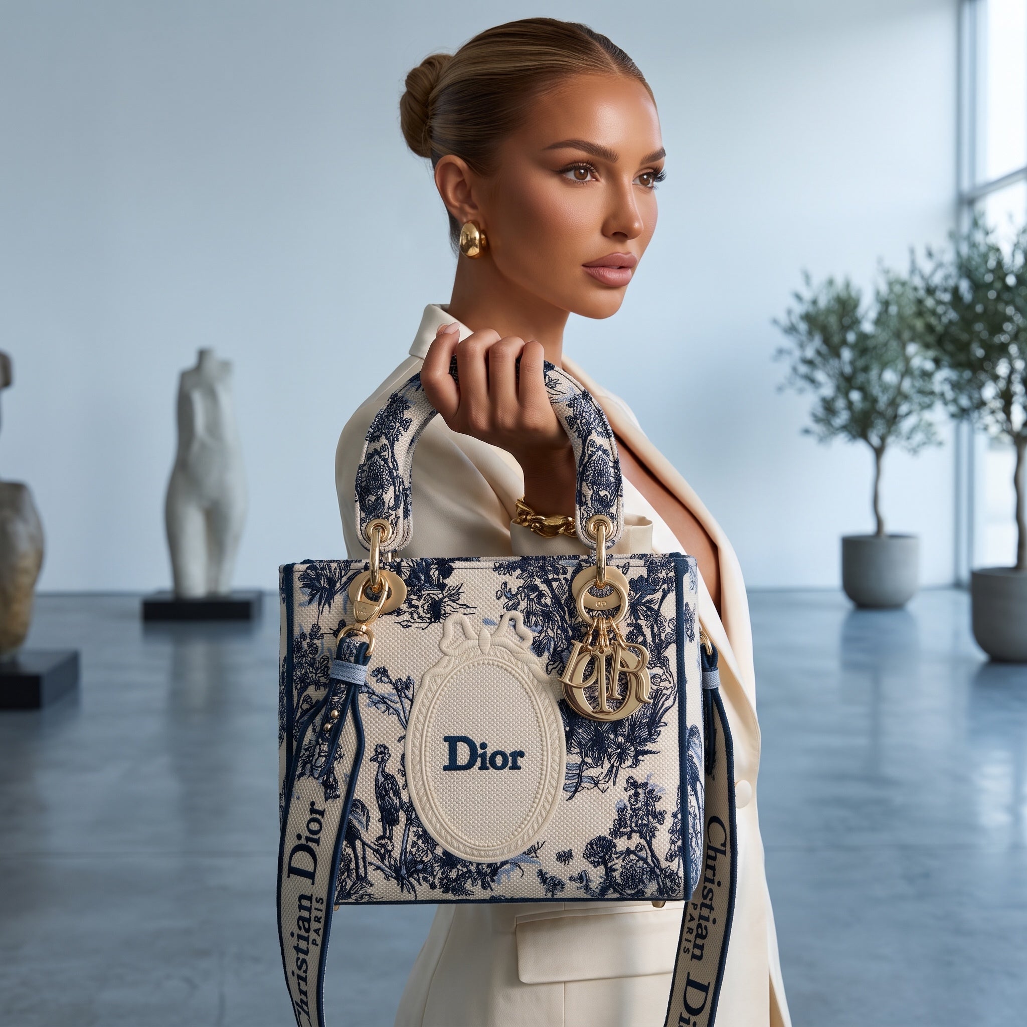 Dior Lady Dior tote in blue toile de jouy canvas with gold hardware and Dior charms
