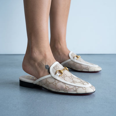 Gucci ivory beaded mesh mule with gold horsebit hardware