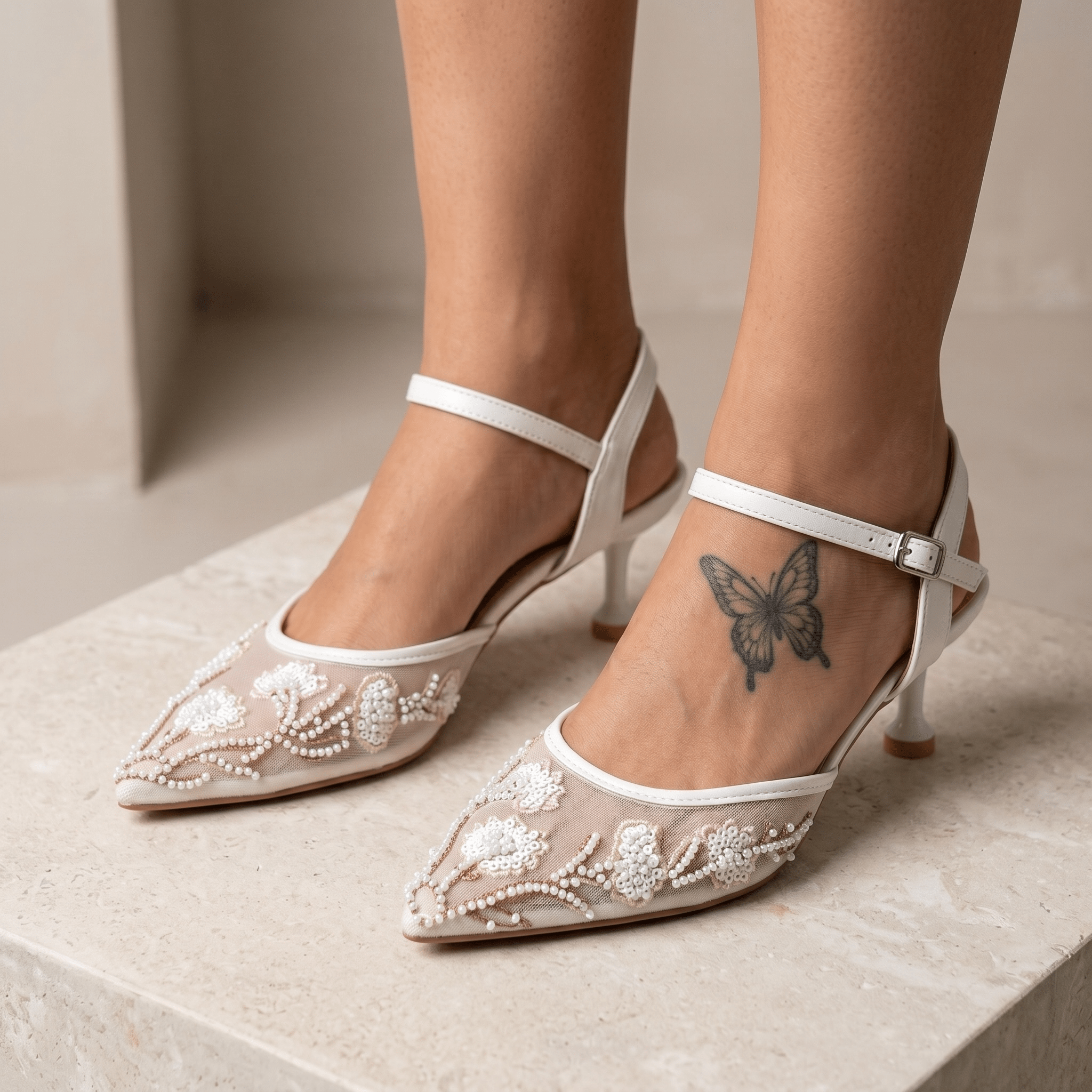 Floral Pearl Mesh Heels – Ivory Elegance 🤍✨ - MASTERPIECE
