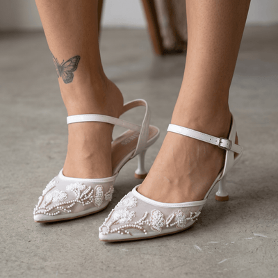 Floral Pearl Mesh Heels – Ivory Elegance 🤍✨ - MASTERPIECE