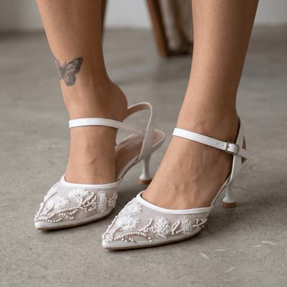 Floral Pearl Mesh Heels – Ivory Elegance 🤍✨ - MASTERPIECE