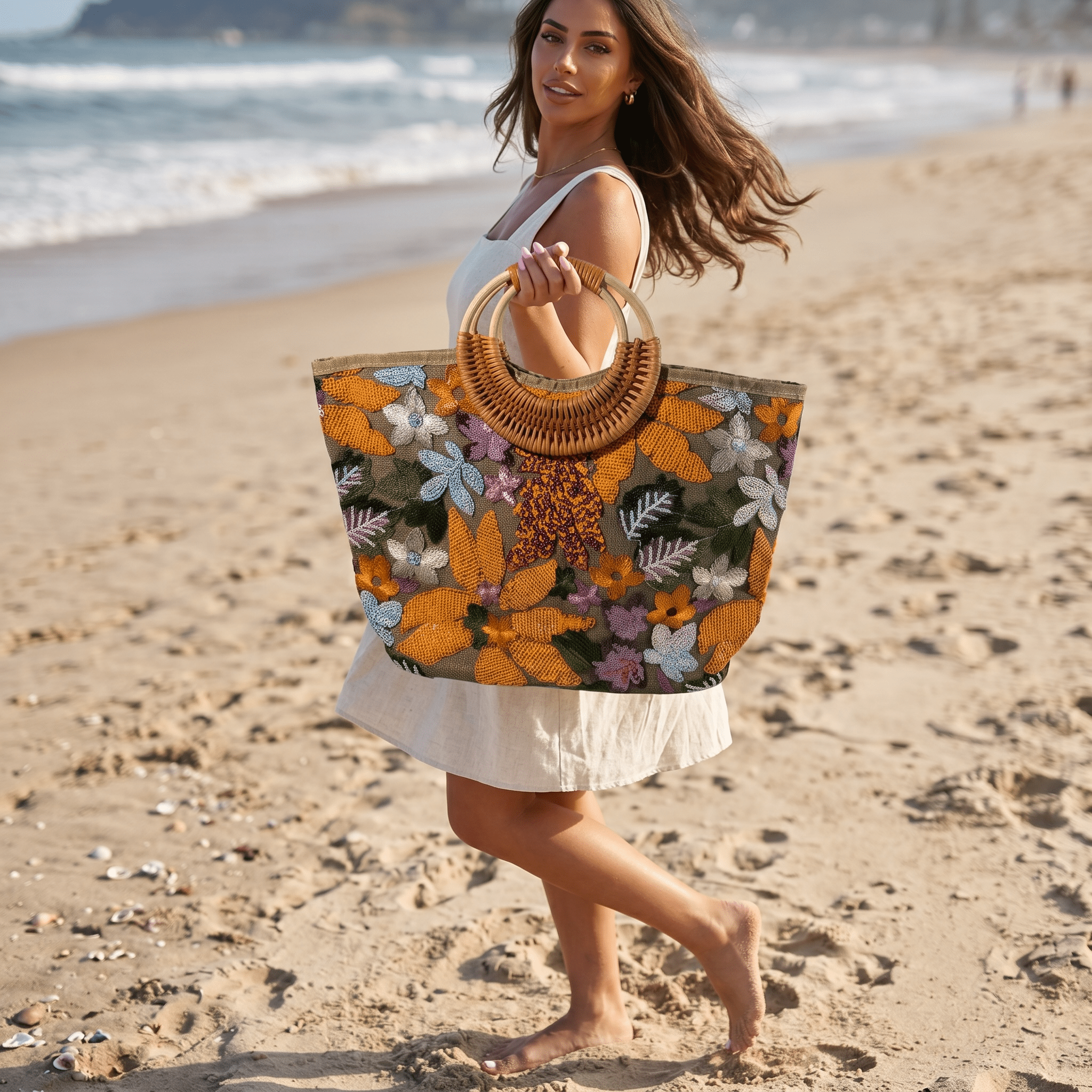 🌺 Floral Sequin Beach Tote Bag | Boho Summer Resort Handbag ✨ - MASTERPIECE