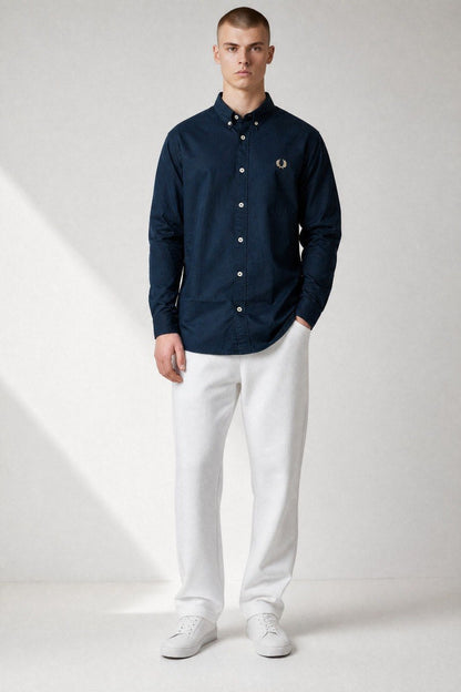 Fred Perry Premium Navy Blue Button Down Oxford Shirt for Men – Luxury Smart Casual Long Sleeve Designer Essential 💙✨ - MASTERPIECE