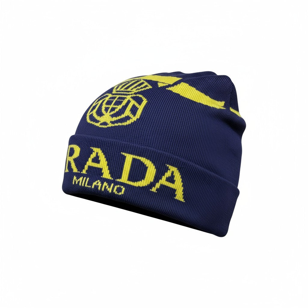 💛 Prada Milano Navy & Yellow Beanie | Luxury Knit Streetwear Hat