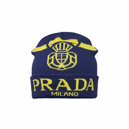 💛 Prada Milano Navy & Yellow Beanie | Luxury Knit Streetwear Hat
