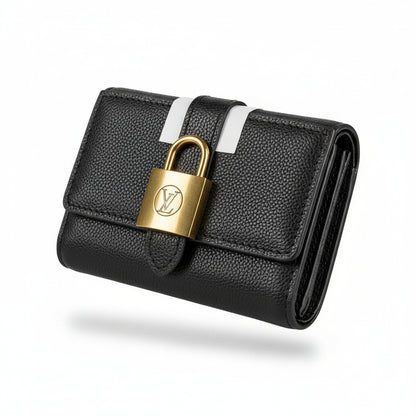 Louis Vuitton Lock Wallet 🔐🖤 Black Textured Leather Luxury Card Holder