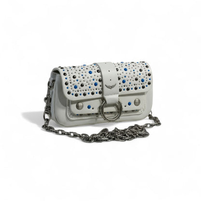 Zadig & Voltaire White Studded Shoulder Bag 🤍✨ | Silver Chain & Blue Accents 💎