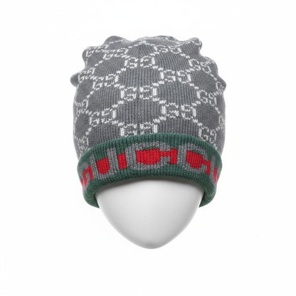 🩶 Gucci Grey GG Knit Beanie with Green & Red Trim | Luxury Winter Hat