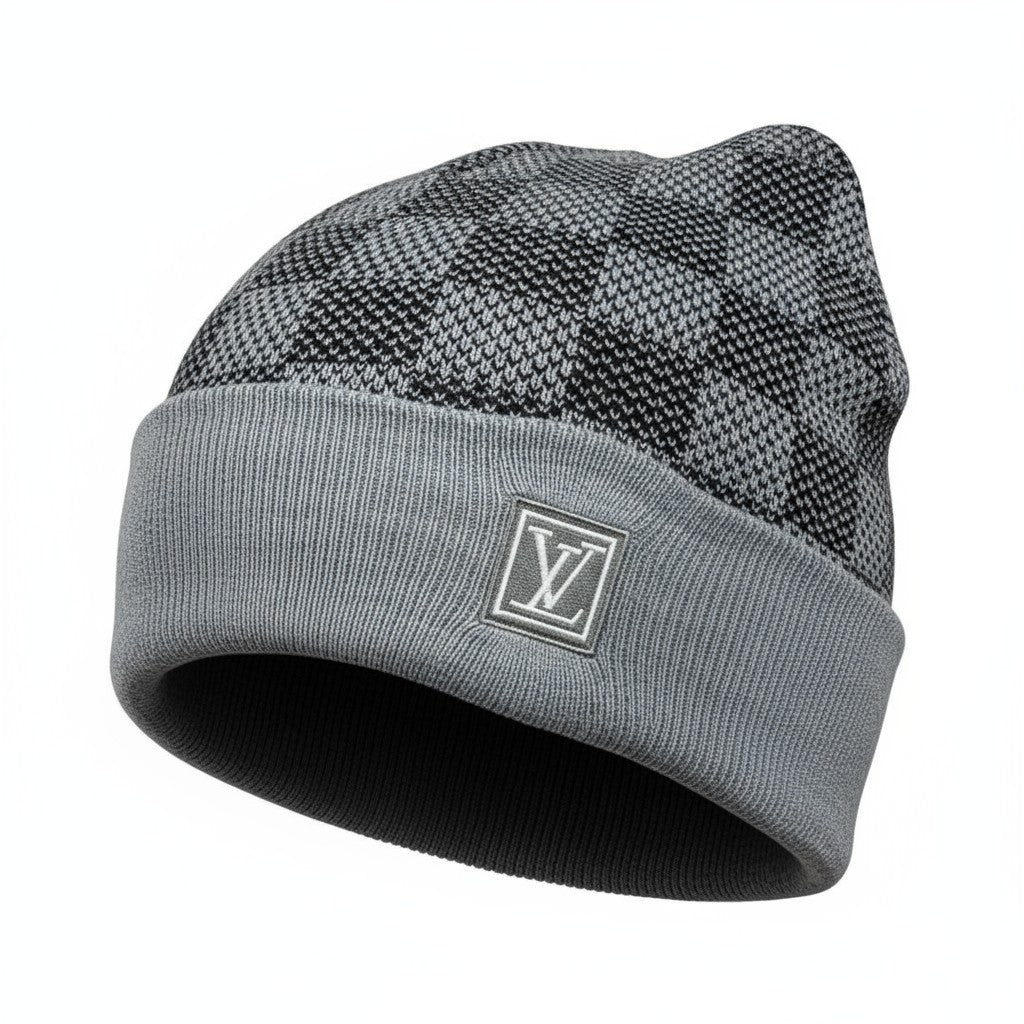 🩶 Louis Vuitton Damier Knit Grey Beanie | Luxury Check Pattern Winter Hat