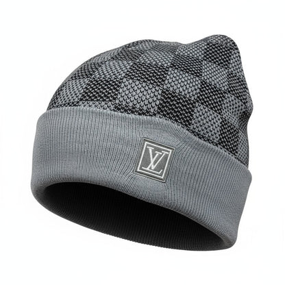 🩶 Louis Vuitton Damier Knit Grey Beanie | Luxury Check Pattern Winter Hat