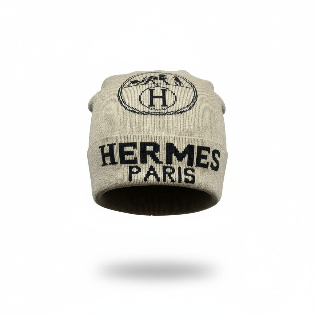 🤍 Hermès Paris Beige Knit Beanie | Iconic “H” Logo Winter Hat