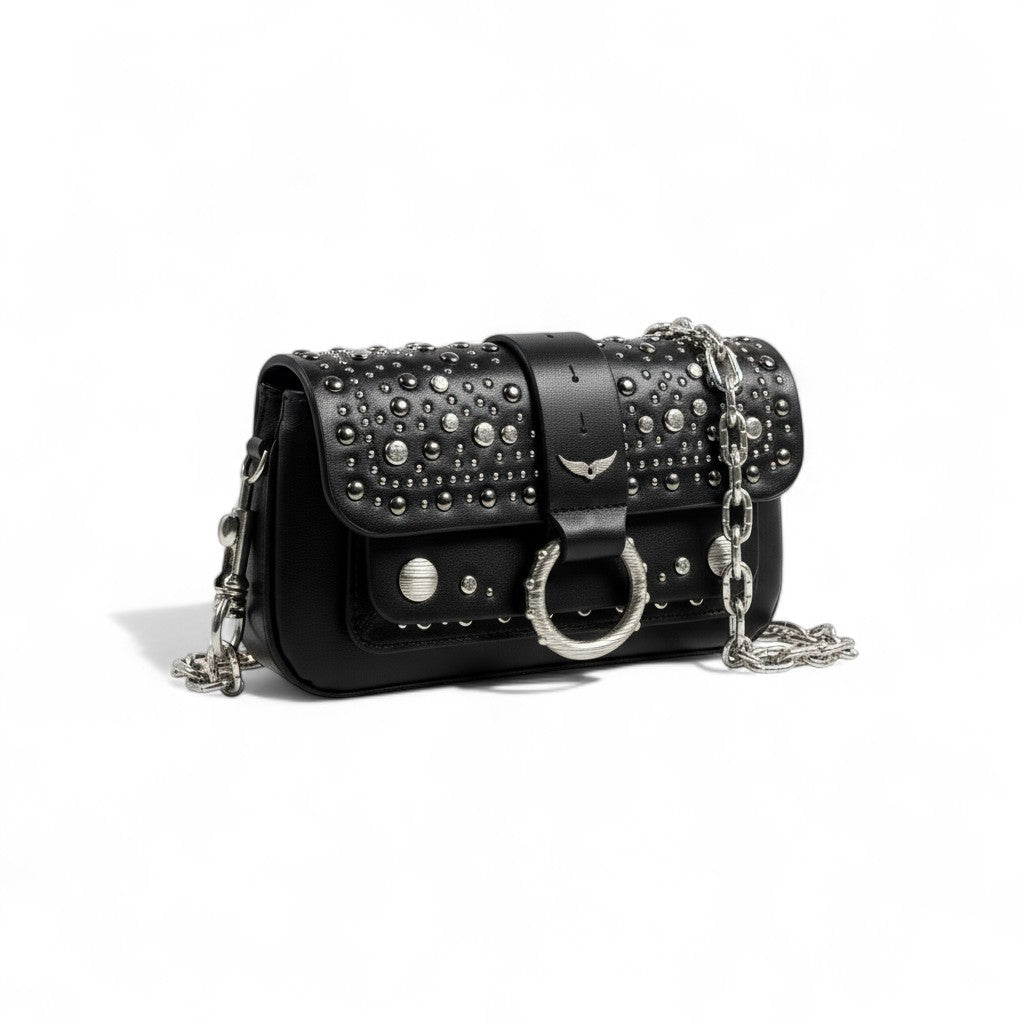 Zadig & Voltaire Black Studded Leather Bag 🖤🔥 | Silver Chain Strap – With Box 📦