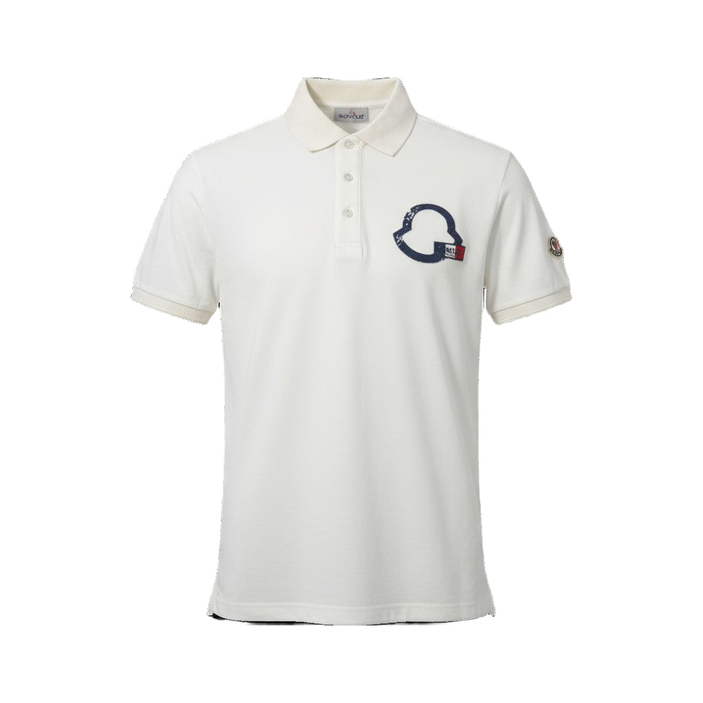 🤍 Moncler Classic Logo Polo – White with Navy Emblem & Sleeve Patch 🇮🇹✨