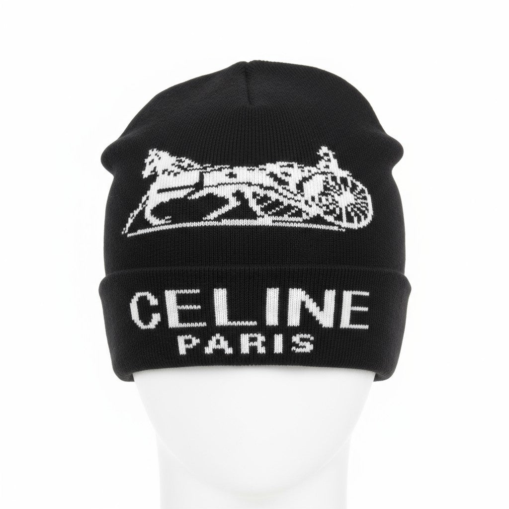 🖤 CELINE Paris Black Beanie | Horse Carriage Logo Knit Hat