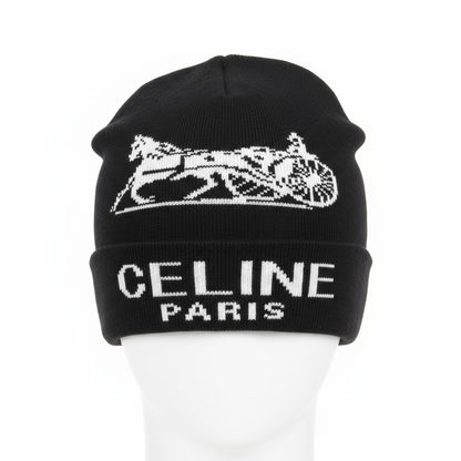 🖤 CELINE Paris Black Beanie | Horse Carriage Logo Knit Hat