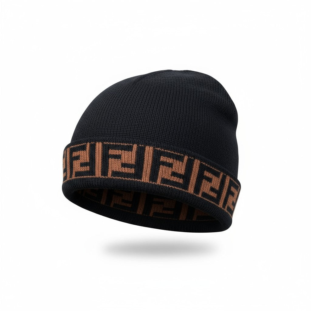 🟤 Fendi FF Logo Black Beanie | Classic Monogram Knit Hat