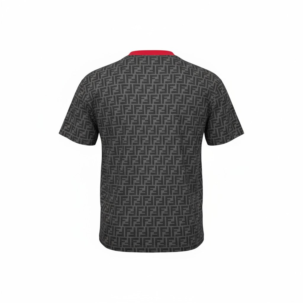 🔥 Fendi All-Over FF Monogram Tee – Charcoal & Red Collar Edition 🖤❤️