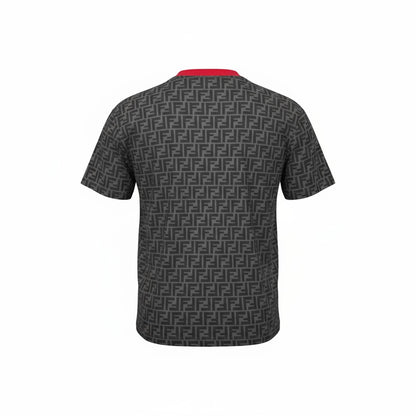 🔥 Fendi All-Over FF Monogram Tee – Charcoal & Red Collar Edition 🖤❤️