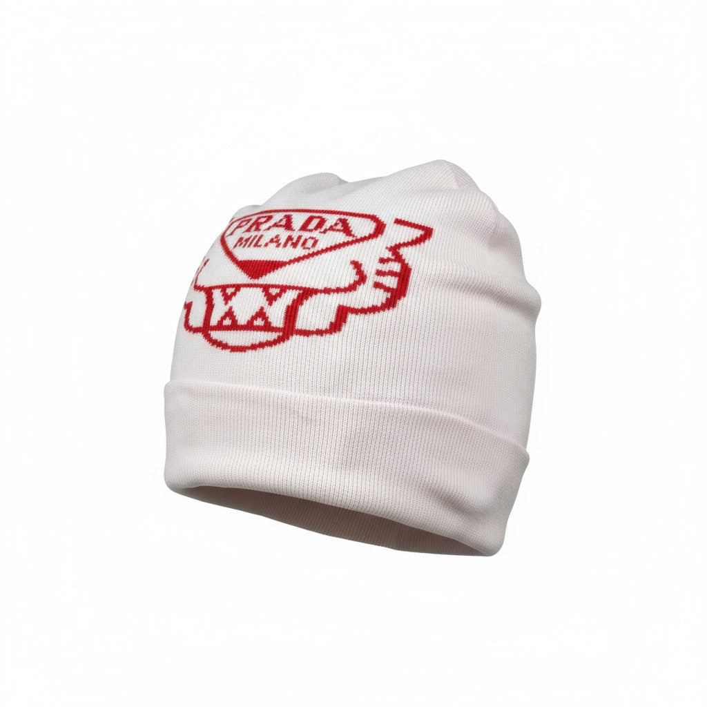 🤍 Prada Milano White & Red Beanie | Luxury Knit Winter Hat