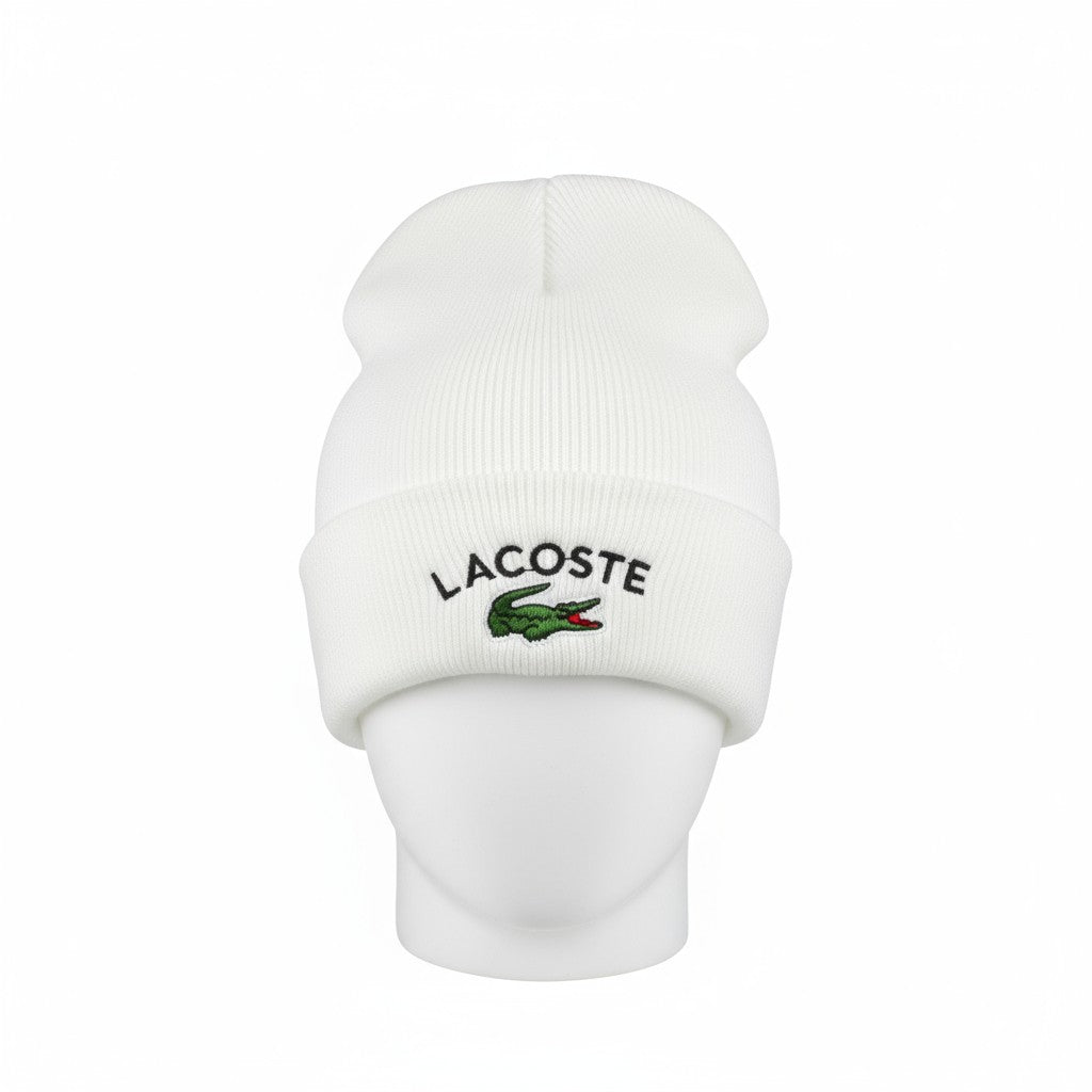 🤍 Lacoste White Ribbed Beanie | Signature Crocodile Embroidered Hat