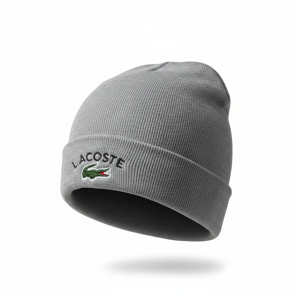 🐊 Lacoste Grey Ribbed Beanie | Classic Crocodile Logo Knit Hat