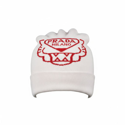 🤍 Prada Milano White & Red Beanie | Luxury Knit Winter Hat