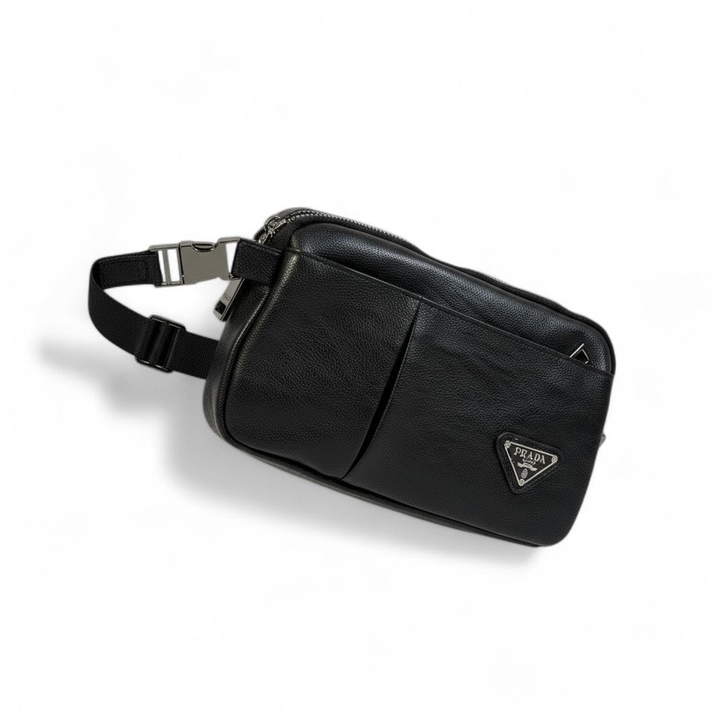 PRADA Black Leather Crossbody Bag 🖤 | Luxury Minimalist Belt Pouch for Everyday Elegance