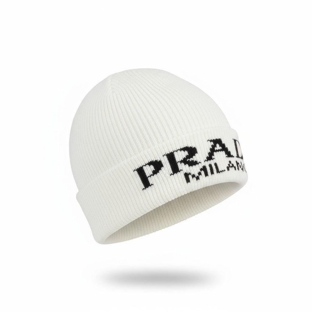 🤍 Prada Milano White Ribbed Beanie | Luxury Knit Logo Hat