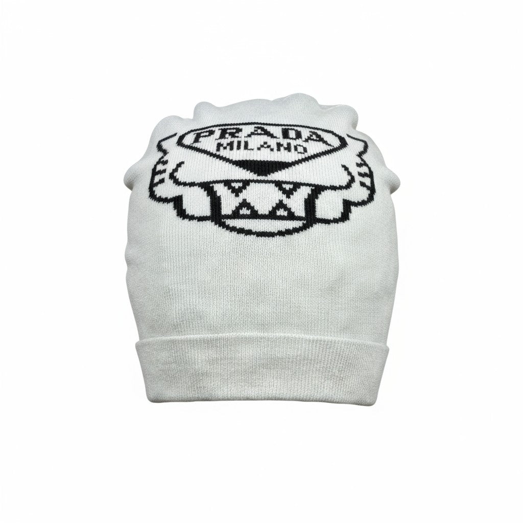 🖤 Prada Milano White Beanie | Classic Black Logo Knit Hat