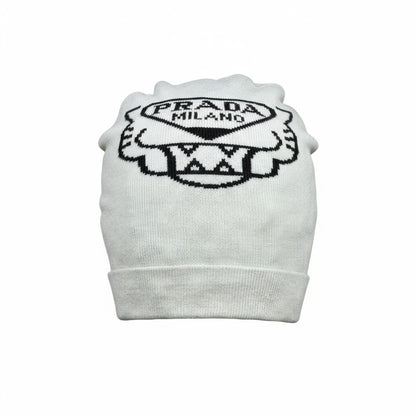 🖤 Prada Milano White Beanie | Classic Black Logo Knit Hat