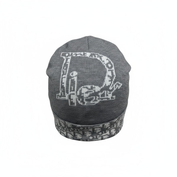 🩶 Dior Grey Knit Beanie | Christian Dior Oversized Logo Hat