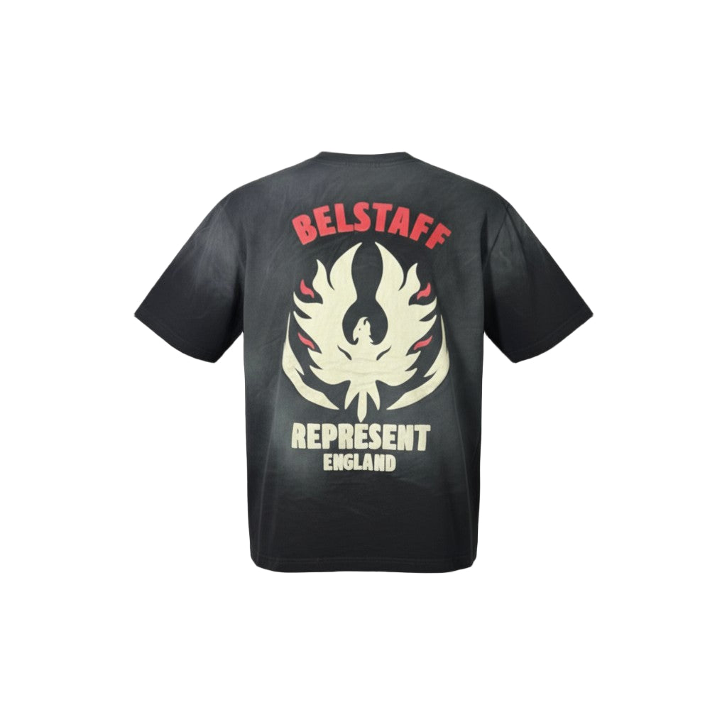 🔥 Represent x Belstaff “R Flames” Tee – Washed Black Collab Edition 🖤🔥