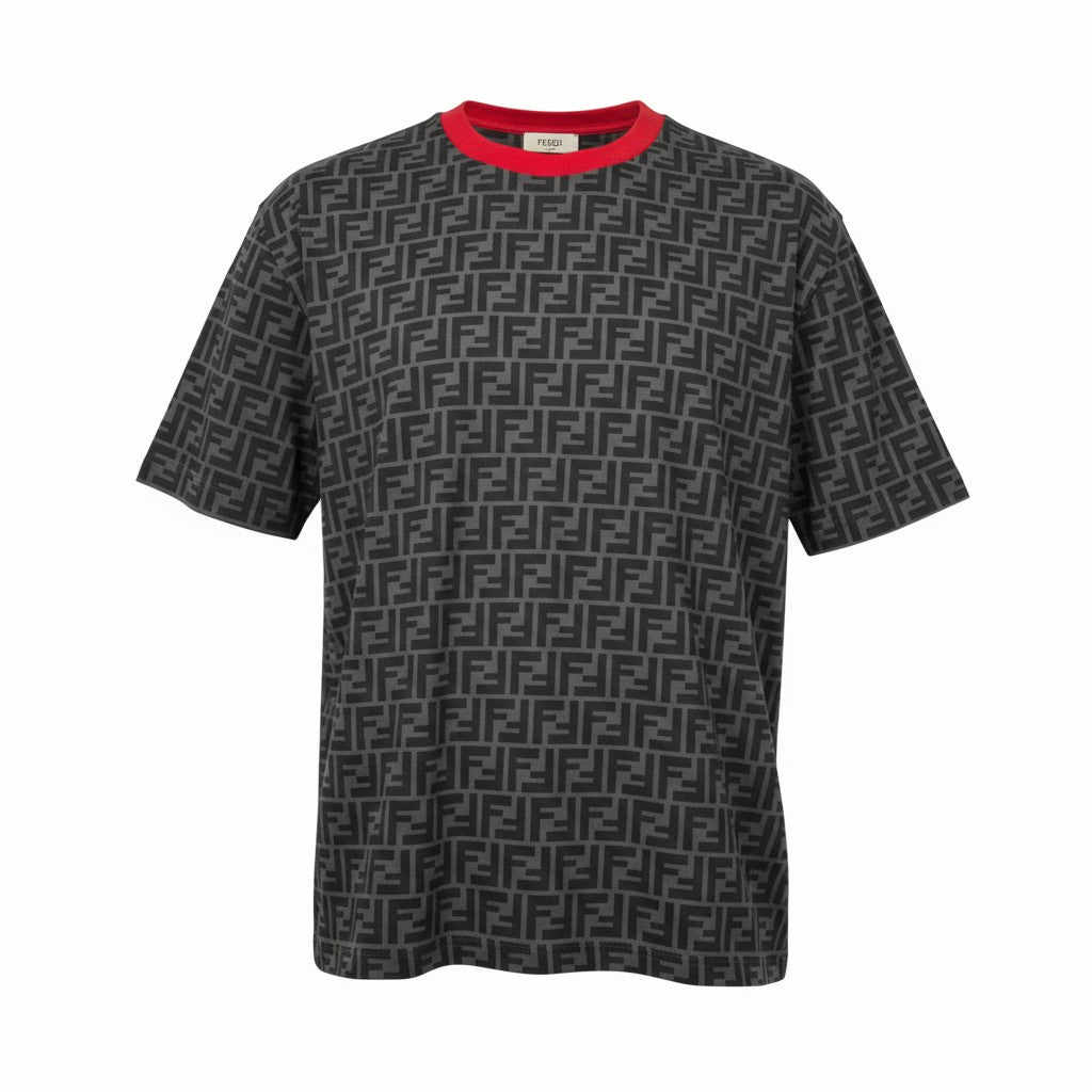 🔥 Fendi All-Over FF Monogram Tee – Charcoal & Red Collar Edition 🖤❤️