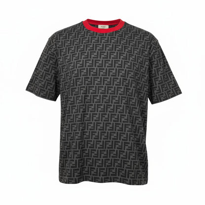 🔥 Fendi All-Over FF Monogram Tee – Charcoal & Red Collar Edition 🖤❤️