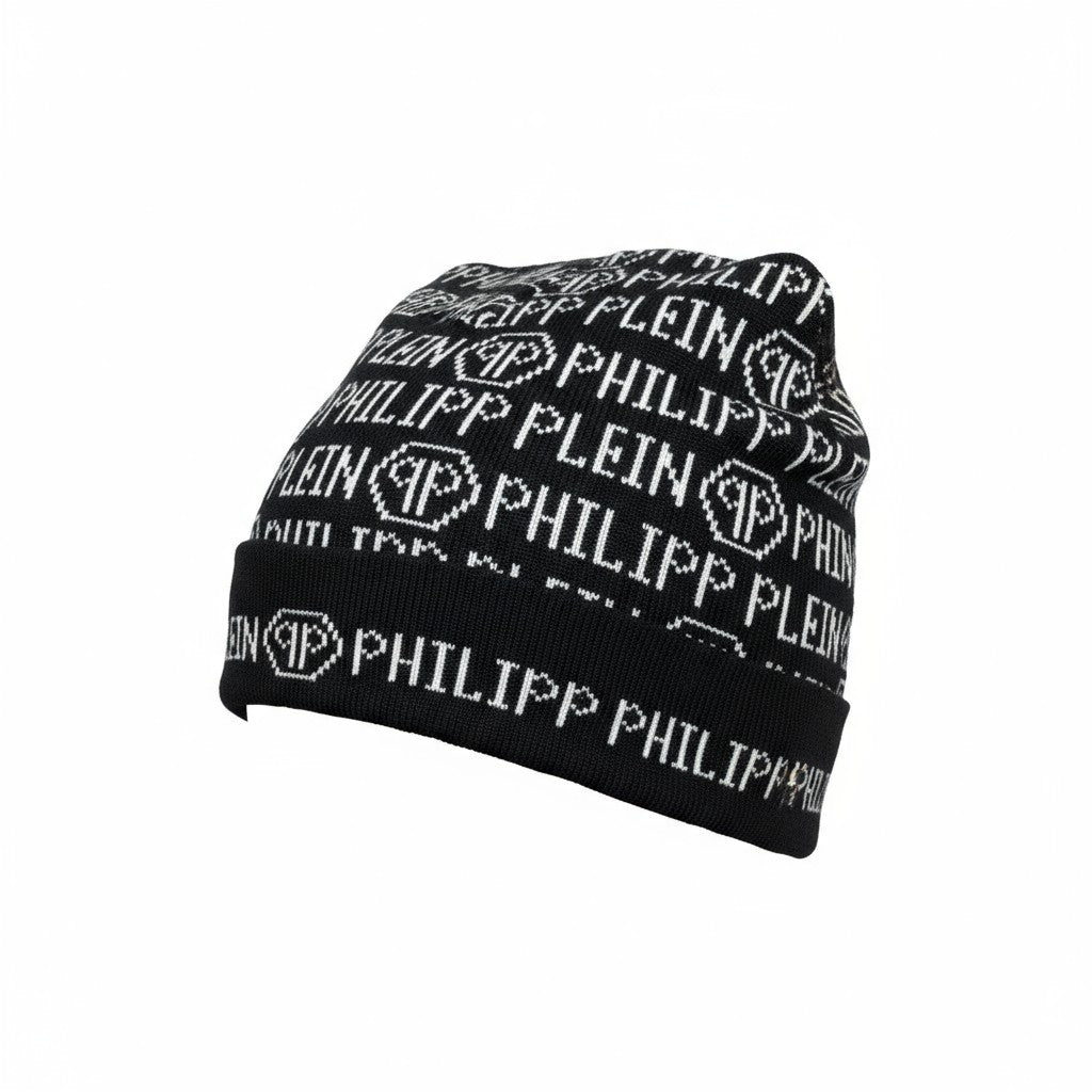 🖤 Philipp Plein Monogram Black Beanie | All-Over Logo Luxury Knit Hat