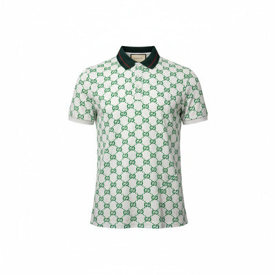 Gucci All-Over GG Monogram Polo – White & Green with Web Collar